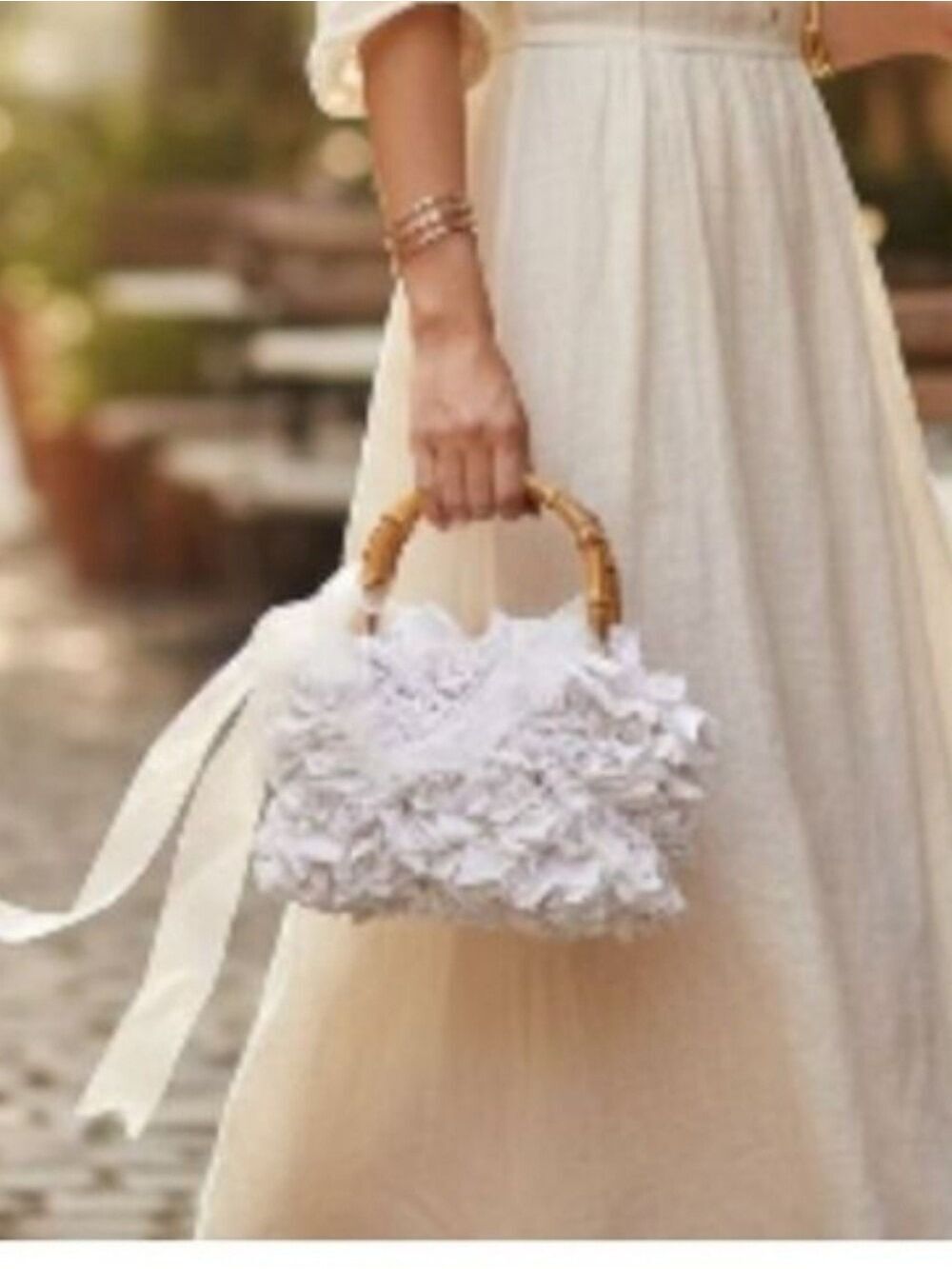 Braciano White Ruffle Bamboo Handle Bag - Picture 6 of 6